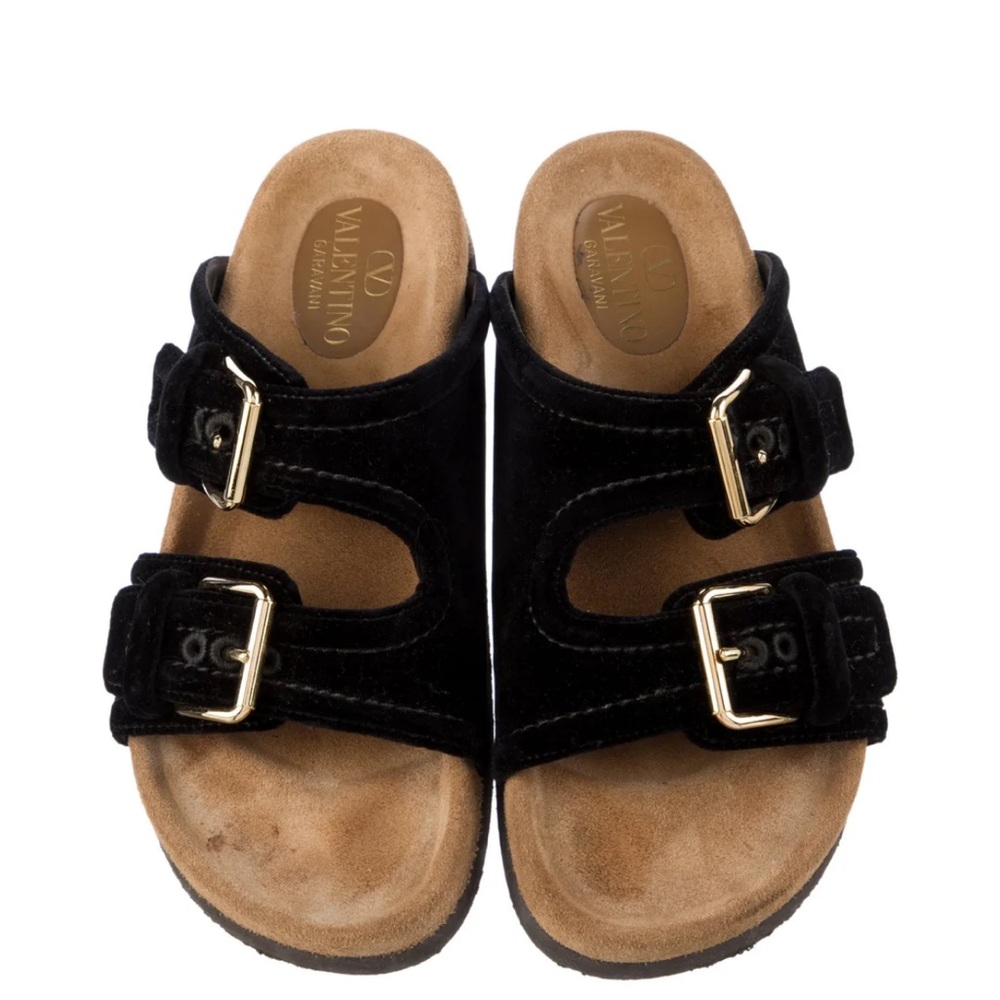 Valentino Black Suede Double-Buckle Slide Sandals with Gold Buckles